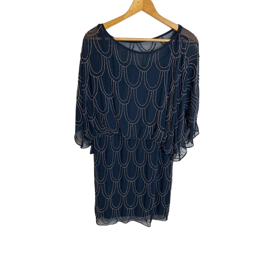 Vintage Canche Full Beaded Heavyweight Mini Dress Navy Blue SZ 6 Hippie Festival